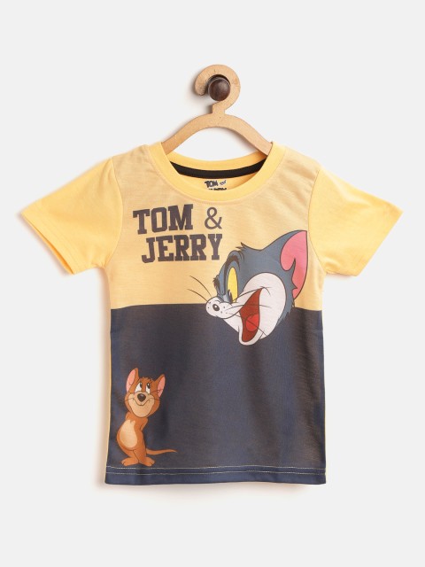 

GAME BEGINS Boys Yellow & Navy Blue Tom & Jerry Print Pure Cotton T-shirt