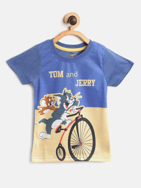 

GAME BEGINS Boys Blue & Beige Tom & Jerry Print Pure Cotton Round Neck T-shirt
