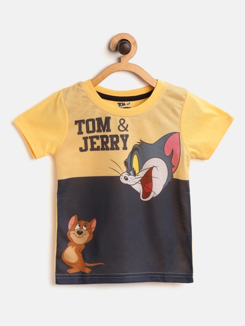 

GAME BEGINS Boys Yellow & Navy Blue Tom & Jerry Print Round Neck Pure Cotton T-shirt
