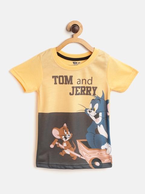 

GAME BEGINS Boys Yellow & Charcoal Grey Tom & Jerry Print Round Neck Pure Cotton T-shirt