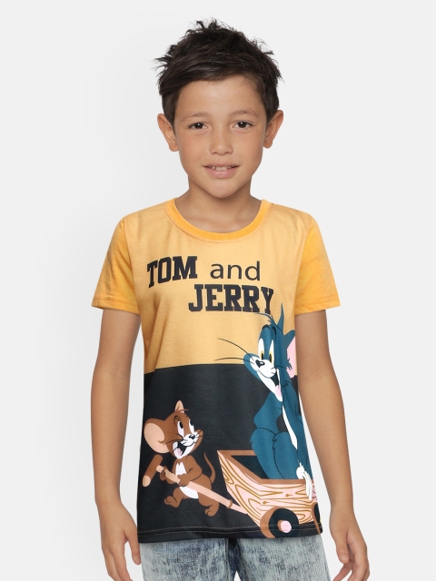 

GAME BEGINS Boys Yellow & Black Tom and Jerry Printed Pure Cotton Round Neck T-shirt