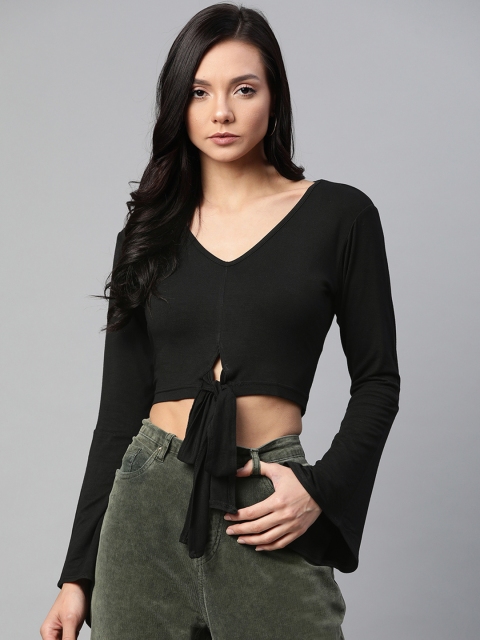 

SIRIKIT Women Black Solid Cropped Tie-Up Top