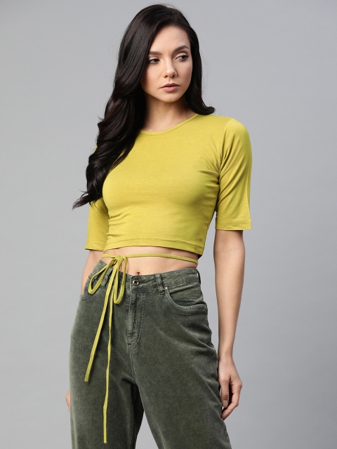 

SIRIKIT Women Lime Green Solid Cropped Tie-Up Cropped Top