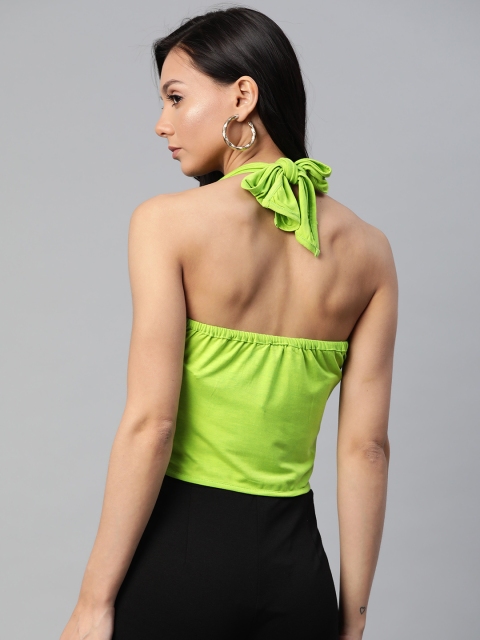 

SIRIKIT Women Fluorescent Green Solid Halter Neck Cropped Top