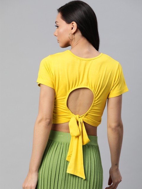 

SIRIKIT Women Yellow Solid Cropped Styled Back Top