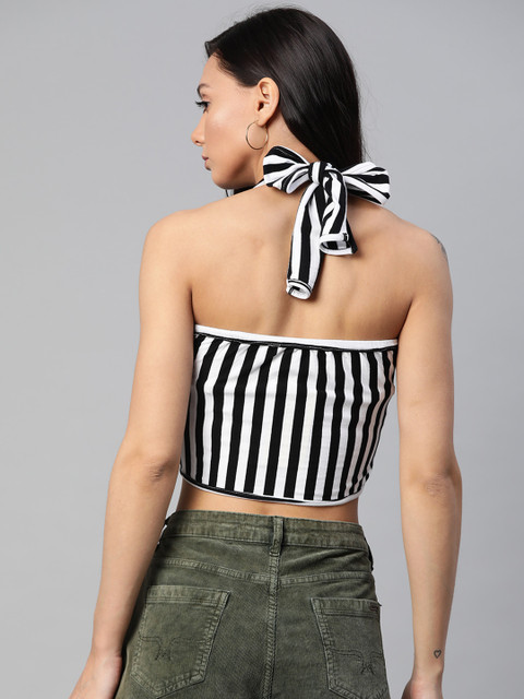 

SIRIKIT Women Black & White Halter Neck Cropped Striped Top
