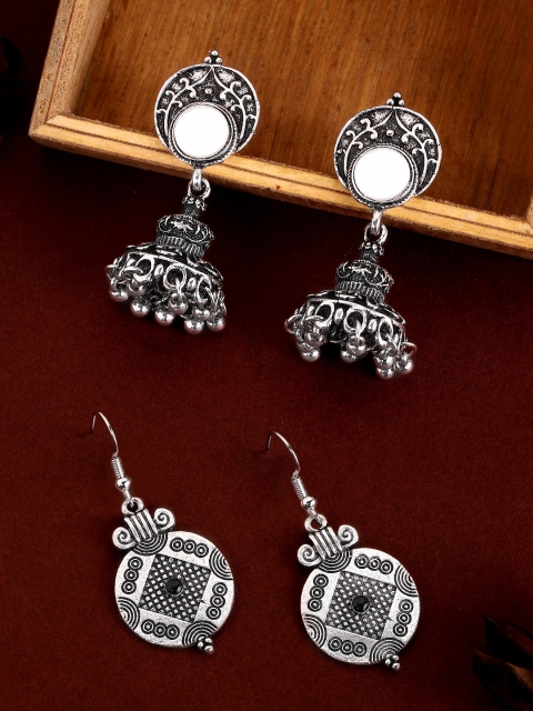 

Rubans Silver-Toned & Black Contemporary Jhumkas Pack of 2