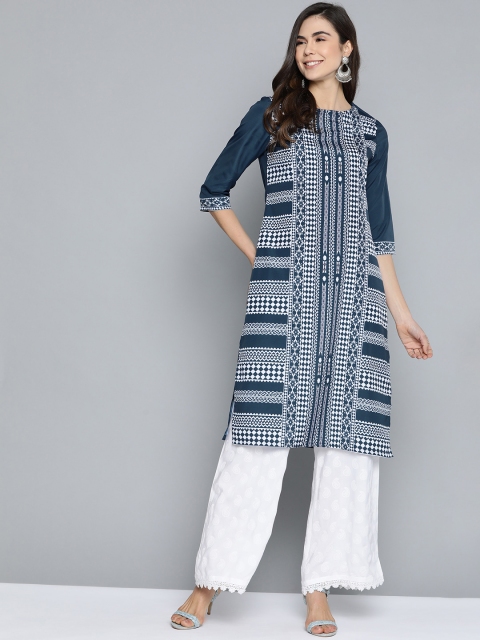 

HERE&NOW Women Navy Blue & White Printed Straight Kurta