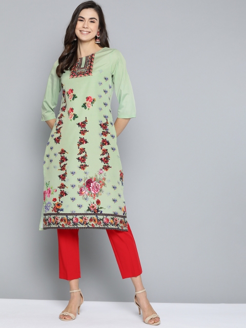 

HERE&NOW Women Green & Red Floral Print Straight Kurta