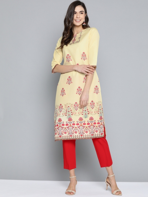 

HERE&NOW Women Cream-Coloured & Pink Printed Straight Kurta