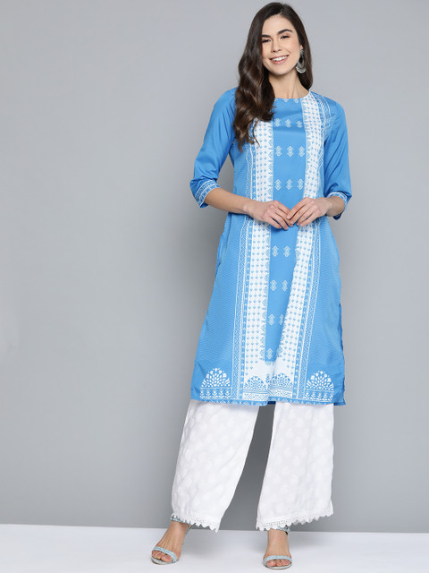 

HERE&NOW Women Blue & White Printed Straight Kurta