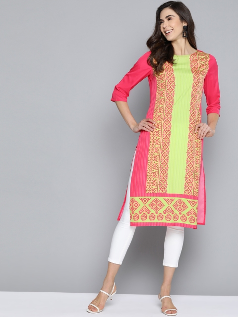 

HERE&NOW Women Fuchsia & Green Printed Straight Kurta