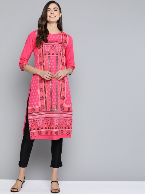 

HERE&NOW Women Fuchsia & Black Printed Straight Kurta