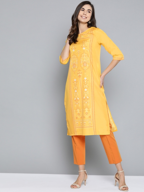 

HERE&NOW Women Yellow & Orange Printed Straight Kurta