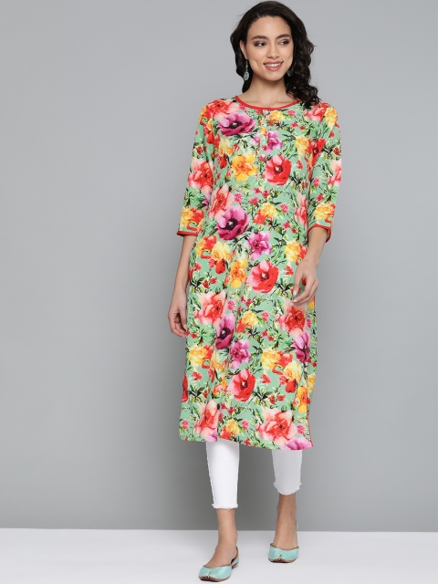 

HERE&NOW Women Green & Red Floral Print Straight Kurta