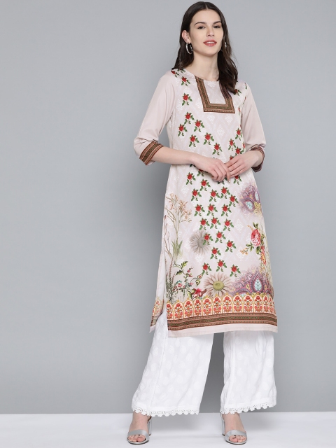 

HERE&NOW Women Beige & Maroon Printed Straight Kurta