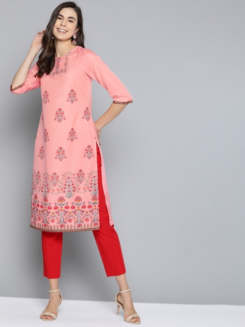 

HERE&NOW Women Peach-Coloured & Grey Printed Straight Kurta