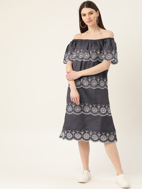 

VERONIQUE Women Navy Blue Schiffli Embroidered Off-Shoulder A-Line Dress