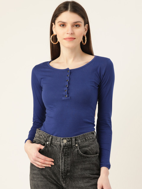 

VERONIQUE Women Blue Solid Pure Cotton Henley Neck T-shirt