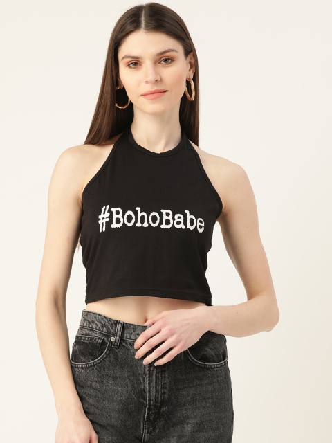 

VERONIQUE Women Black Printed Halter Neck Crop Top