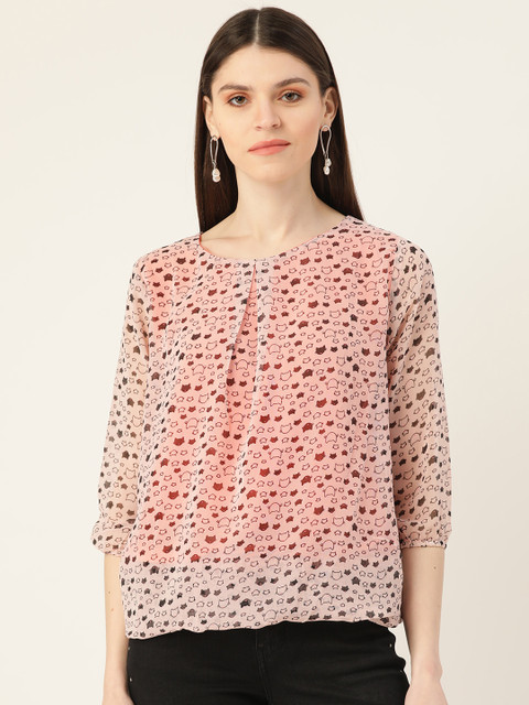 

VERONIQUE Women Peach-Coloured & Black Printed Blouson Top