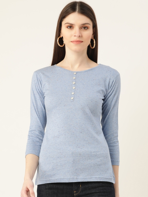 

VERONIQUE Women Blue Speckled Pure Cotton Round Neck T-shirt