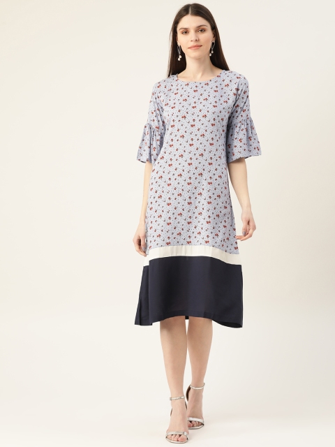 

VERONIQUE Women Blue & Orange Pure Cotton Floral Print A-Line Dress