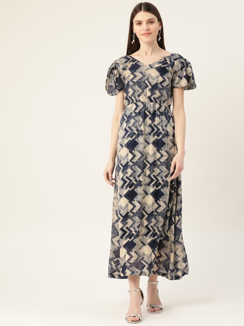 

VERONIQUE Women Beige & Navy Blue Printed Maxi Dress