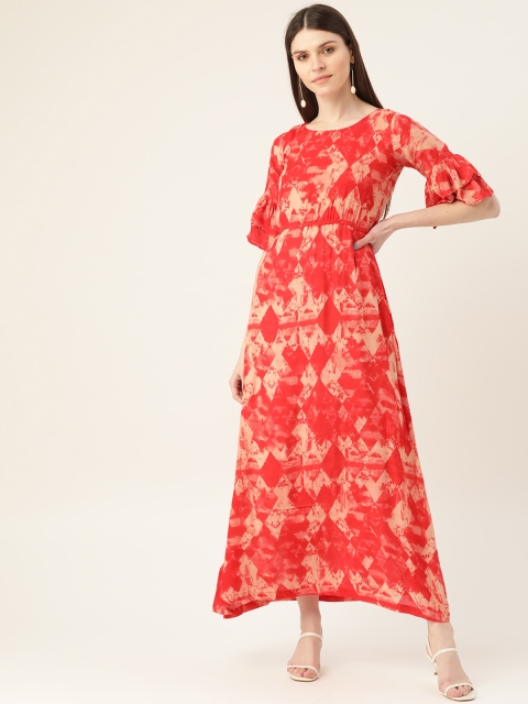 

VERONIQUE Women Red & Beige Printed Maxi Dress With Bell Sleeves