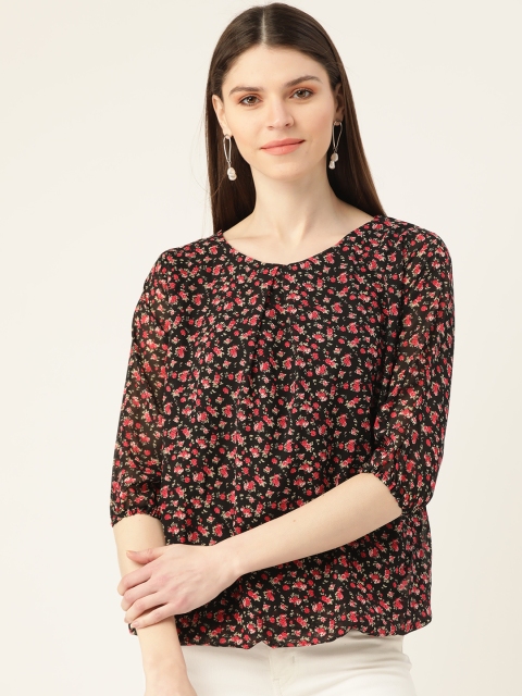 

VERONIQUE Women Black & Pink Floral Print Blouson Top