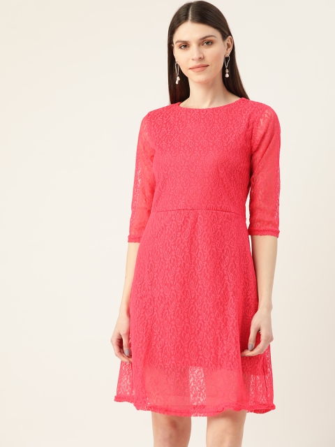 

VERONIQUE Women Coral Pink Lace Self Design A-Line Dress