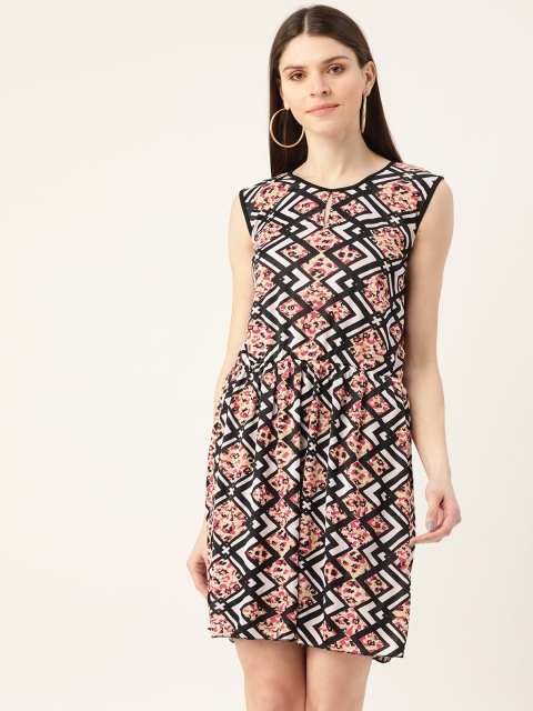 

VERONIQUE Women Black & Pink Printed A-Line Dress