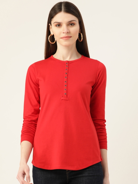 

VERONIQUE Women Red Solid Pure Cotton Round Neck T-shirt