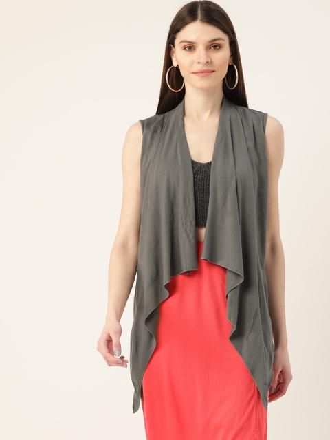 

VERONIQUE Women Charcoal Grey Knitted Solid Waterfall Open Front Shrug