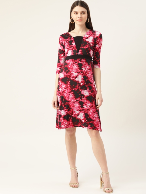 

VERONIQUE Women Pink & Black Abstract Print A-Line Dress
