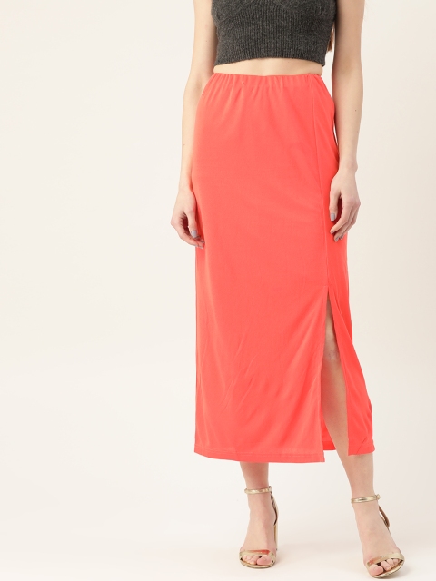 

VERONIQUE Women Coral Pink Solid Straight Skirt