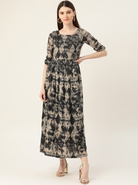 

VERONIQUE Women Charcoal Grey & Black Pure Cotton Printed Maxi Dress
