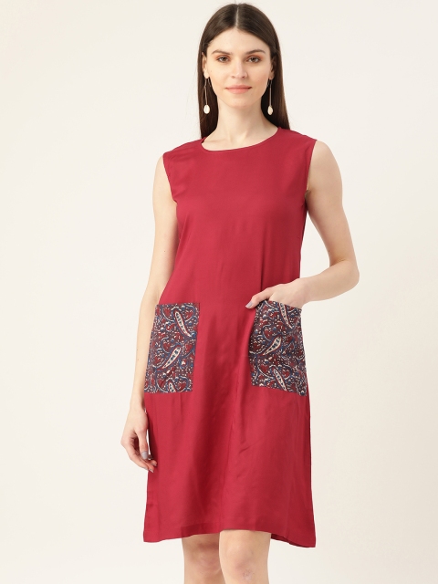 

VERONIQUE Women Maroon Solid A-Line Dress With Contrast Pockets