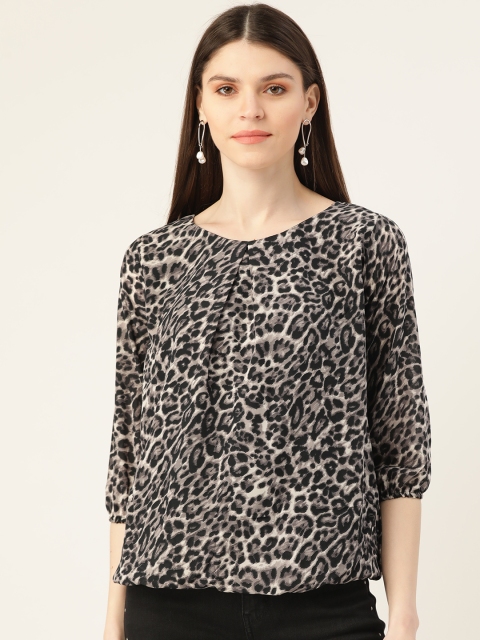 

VERONIQUE Women Black Off-White Leopard Print Blouson Top