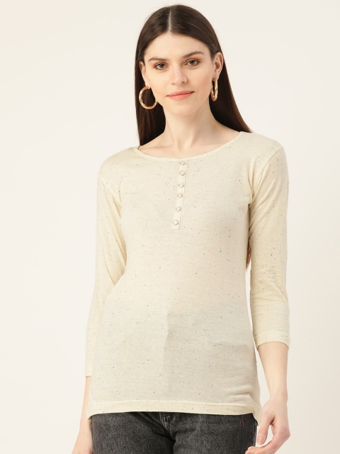 

VERONIQUE Women Cream-Coloured Speckled Pure Cotton Round Neck T-shirt