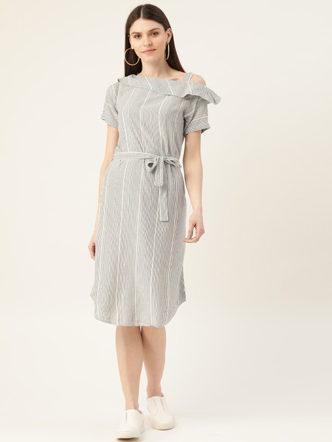 

VERONIQUE Women Grey & White Striped Cotton A-Line Dress With Waist Tie-Ups