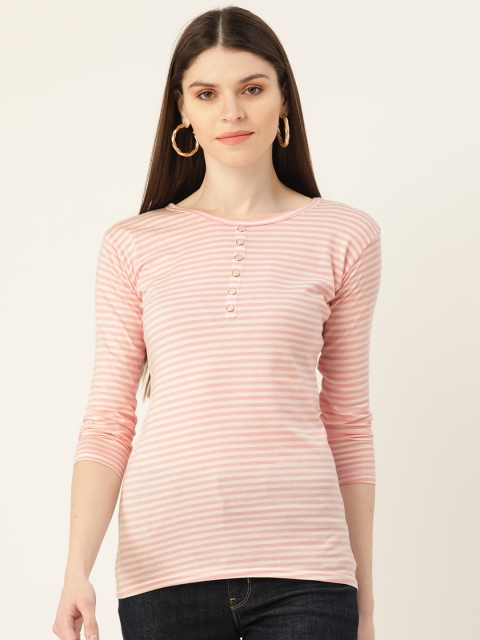 

VERONIQUE Women Pink & White Striped Pure Cotton Round Neck T-shirt