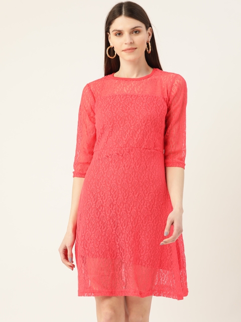 

VERONIQUE Women Pink Lace Self Design A-Line Dress