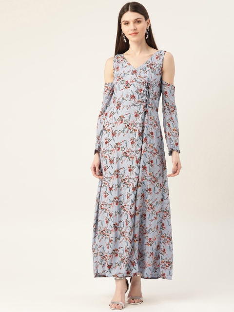 

VERONIQUE Women Turquoise Blue & Brown Cold-Shoulder Printed Wrap Maxi Dress