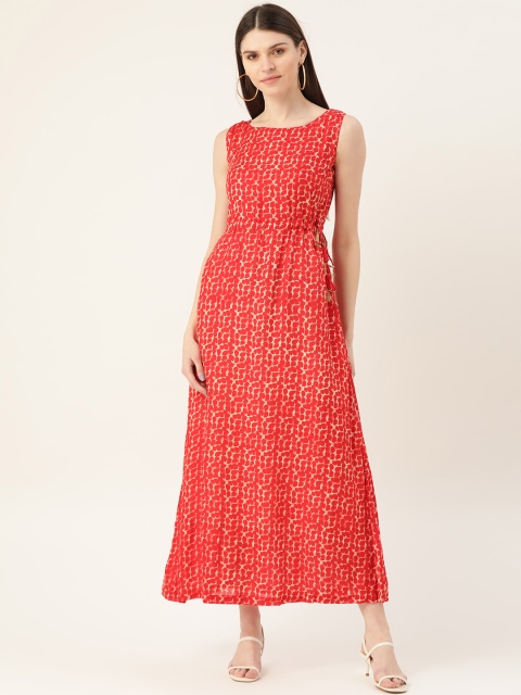 

VERONIQUE Women Red & Beige Printed Cut-Out Detail Maxi Dress