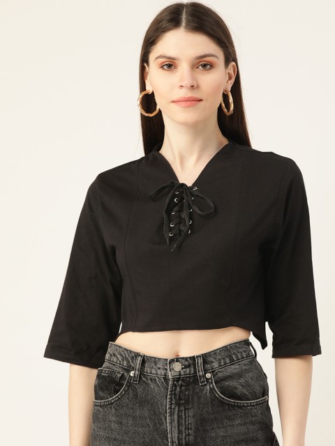 

VERONIQUE Black Tie-Up Neck Regular Crop Top