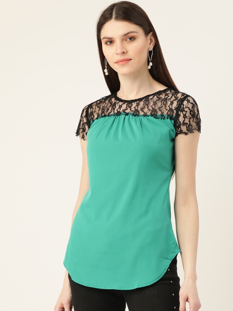 

VERONIQUE Women Sea Green Semi-Sheer Lace Inserts Top