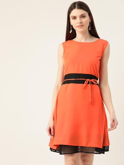 

VERONIQUE Women Coral Orange Solid A-Line Dress & Belt