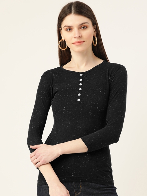 

VERONIQUE Women Black Speckled Pure Cotton Round Neck T-shirt