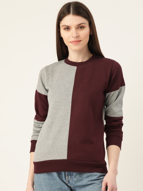 

VERONIQUE Women Burgundy & Grey Melange Pure Cotton Colourblocked Sweatshirt